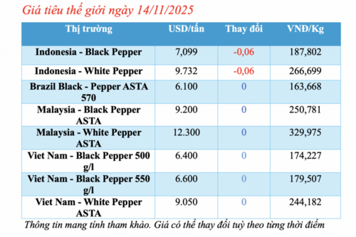 Giá tiêu hôm nay 14/11/2025: Tiêu nội địa giảm đồng loạt