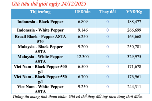 Giá tiêu hôm nay 24/12/2025: Đi ngang