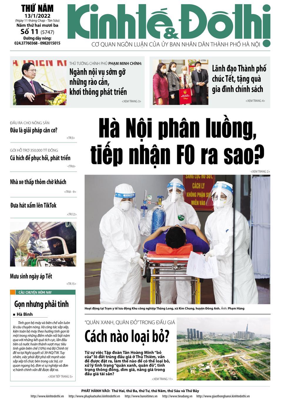Trang nhất số báo 11 - Báo in Kinh tế & Đô thị phát hành ngày 13/1/2022.