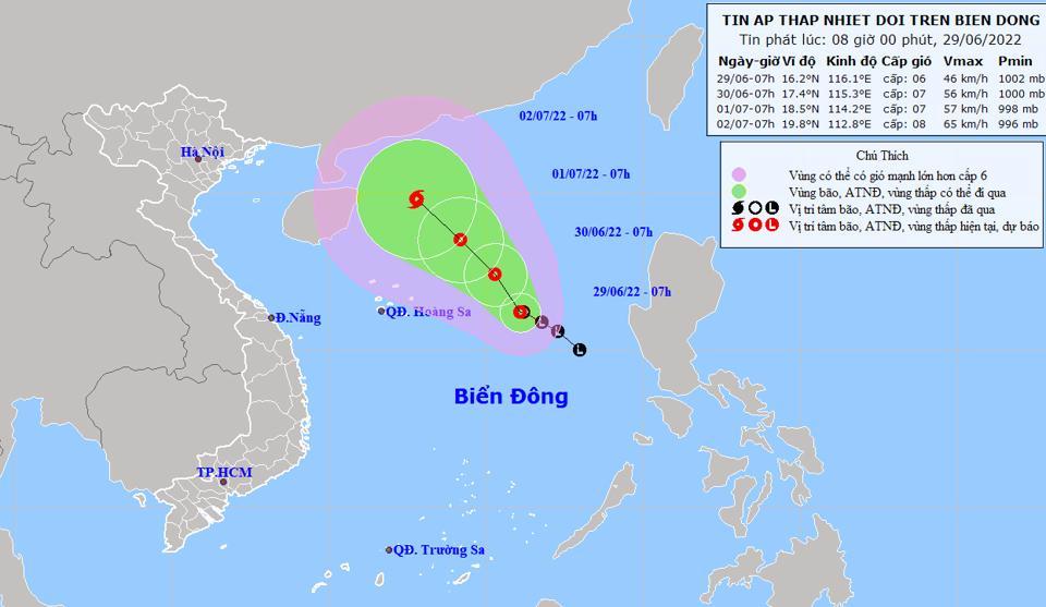 Đường đi và vị trí của áp thấp nhiệt đới. Ảnh: Nchmf.gov.vn