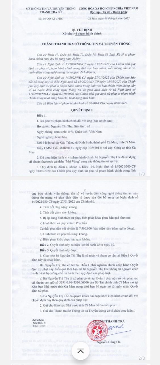 Quyết định xử phạt bà The của Thanh tra sở TTTT tỉnh Cà Mau ngày 8/8/2022