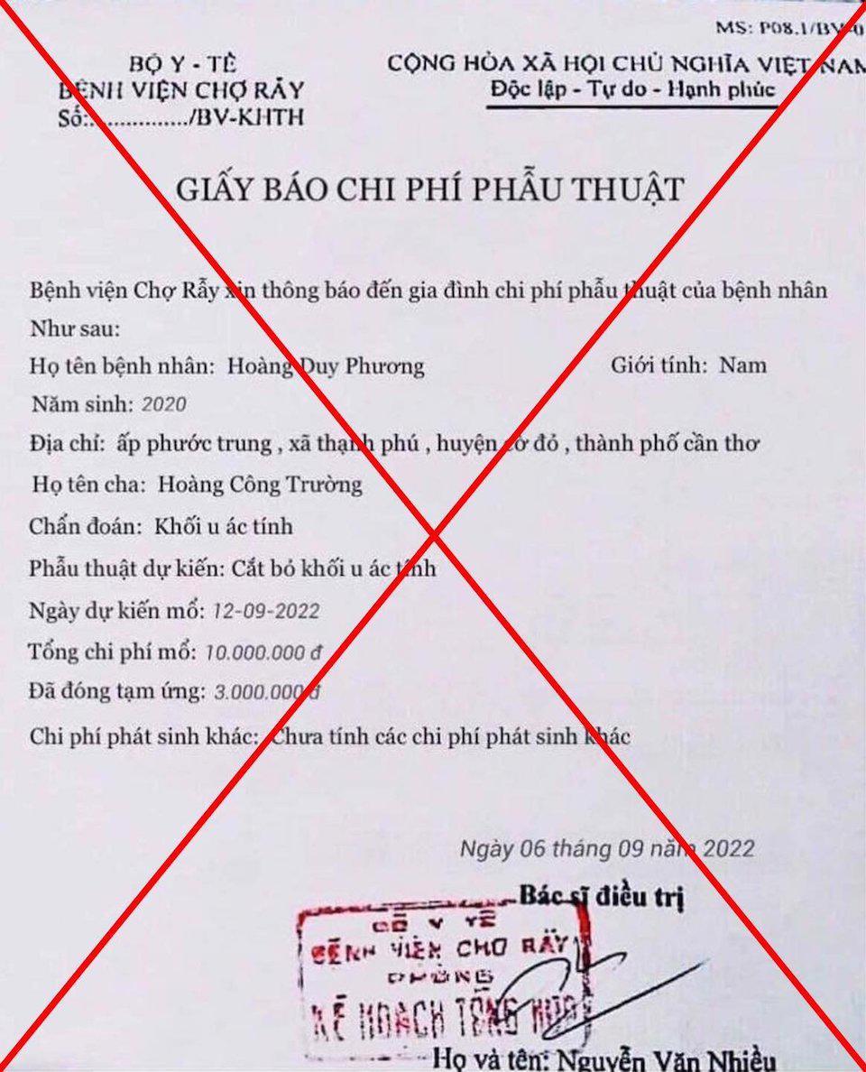 Thông tin “Giấy xác nhận nhập viện” mang tên bệnh nhân H.Q.T. là sai sự thật.