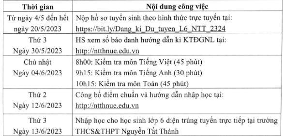 Lịch tuyển sinh lớp 6