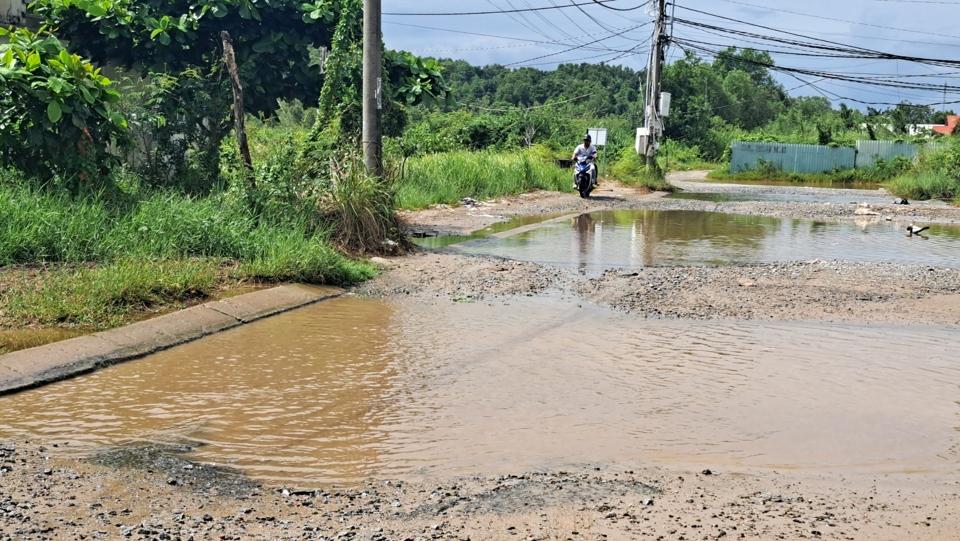 Để đi vào khu dân cư người dân phải đi trên các vỉa hè vì đường có quá nhiều ổ voi, ổ gà. Ảnh Hữu Tuấn