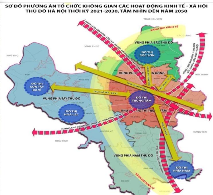 Sơ đồ phương án tổ chức không gian các hoạt động kinh tế - xã hội Thủ đô Hà Nội  trong Quy hoạch Thủ đô thời kỳ 2021 - 2030, tầm nhìn đến 2050