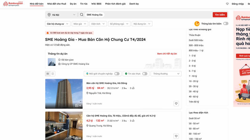 Quảng cáo rao bán căn hộ SME Hoàng Gia Tô Hiệu trên website batdongsan.com. Ảnh: Nhóm PV.