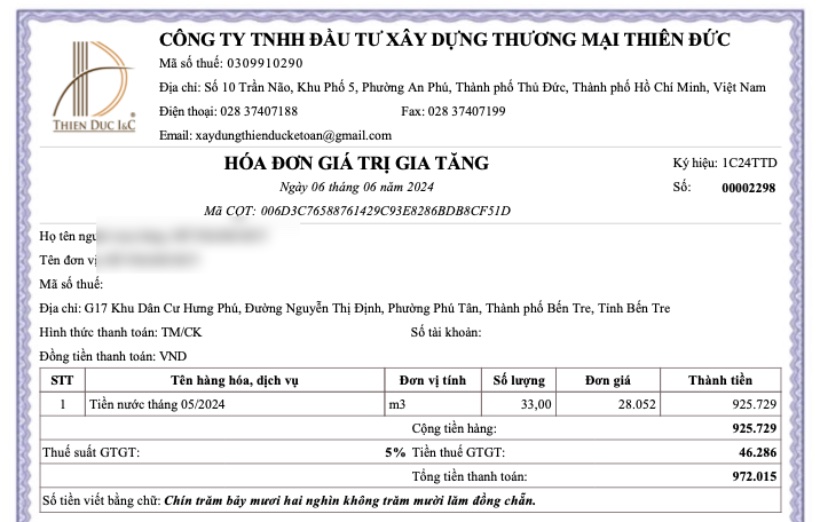 Giá nước Công ty