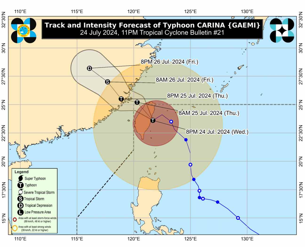 Dự báo đường đi của bão Gaemi (Carina theo tên Philippines). Ảnh: PASAGA