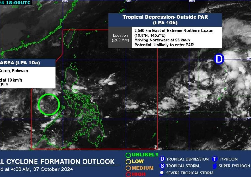 PAGASA đang theo dõi áp thấp bên trong PAR và áp thấp nhiệt đới (D) bên ngoài PAR. Ảnh: PAGASA