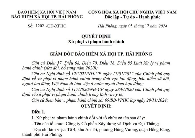 Phạt hơn 50 triệu đồng công ty ở Hải Phòng chậm đóng BHXH