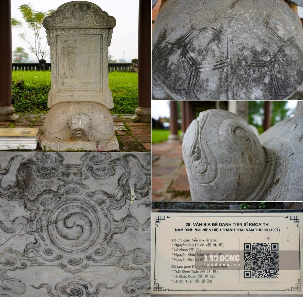 Trên 32 tấm bia này khắc tên, tuổi, quê quán của 293 vị Tiến sĩ triều Nguyễn, bắt đầu từ khoa thi đầu tiên năm 1822 (dưới thời vua Minh Mạng) đến khoa thi cuối cùng vào năm 1919 (dưới thời vua Khải Định). Tất cả các tấm bia đều được đặt trên con rùa làm bằng đá thanh và đá cẩm thạch.
