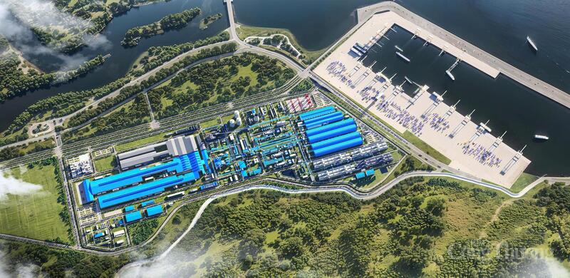 Toàn cảnh mô hình Dự án đầu tư xây dựng Cảng Bãi Gốc và Dự án đầu tư xây dựng và kết cấu hạ tầng Khu công nghiệp Hoà Tâm. Ảnh: Lê Sơn