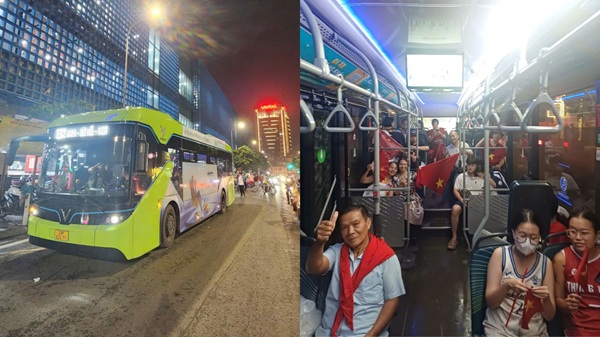 Xe buýt vnaj chuyển người dân sau khi tham dự lễ Sơ duyệt A80. Ảnh: Thái Hồ Phương