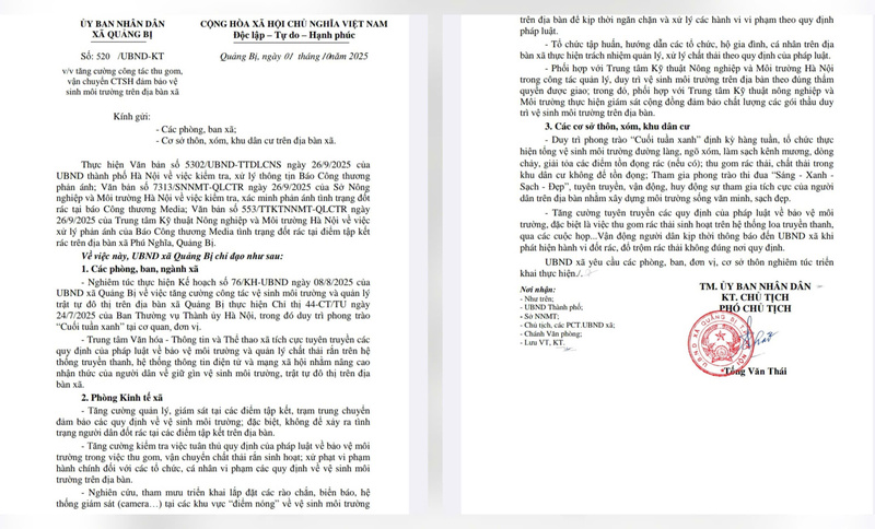 Công văn chỉ đạo của UBND xã Quảng Bị.
