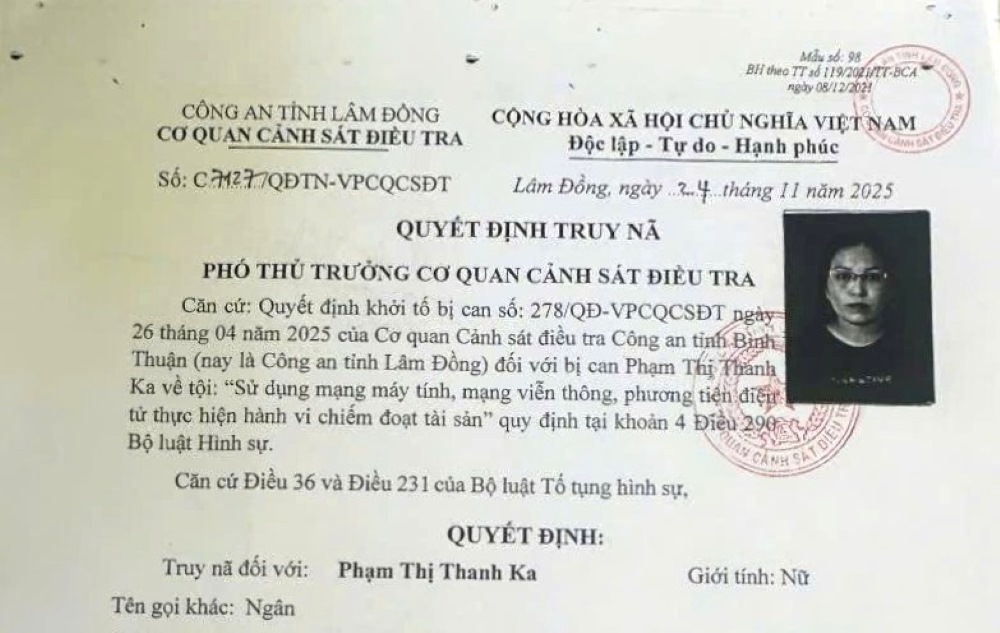 Chân dung bị can Phạm Thị Thanh Ka trên quyết định truy nã. Ảnh: Công an