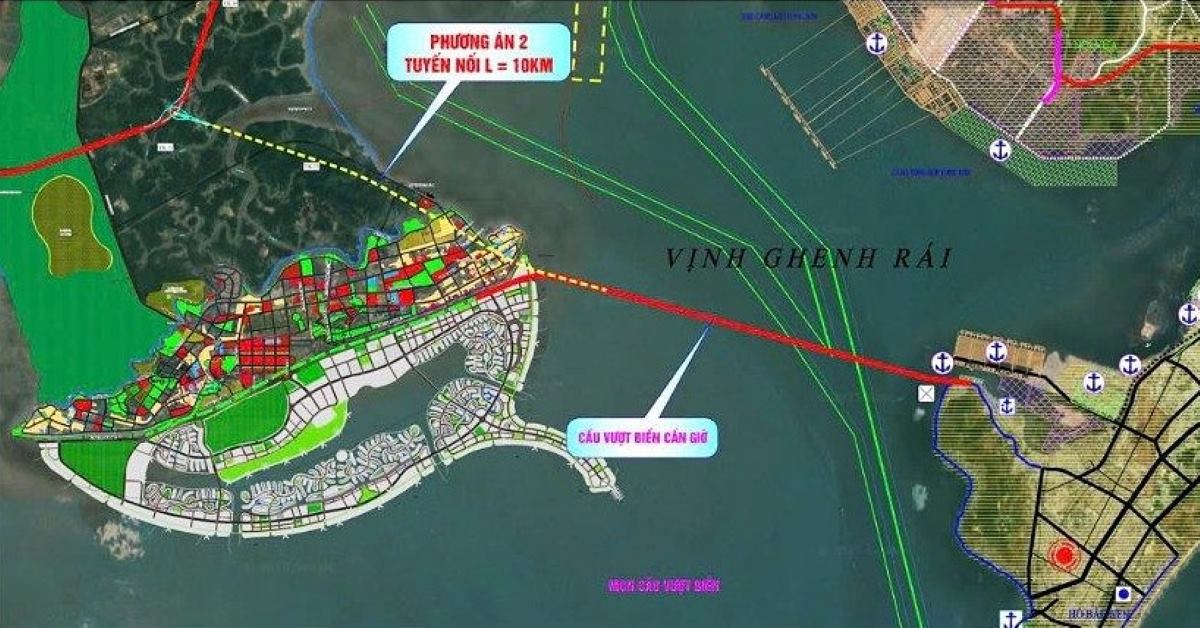 Vị trí xây đường và cầu vượt biển nối Cần Giờ - Vũng Tàu. Ảnh: Minh Quân