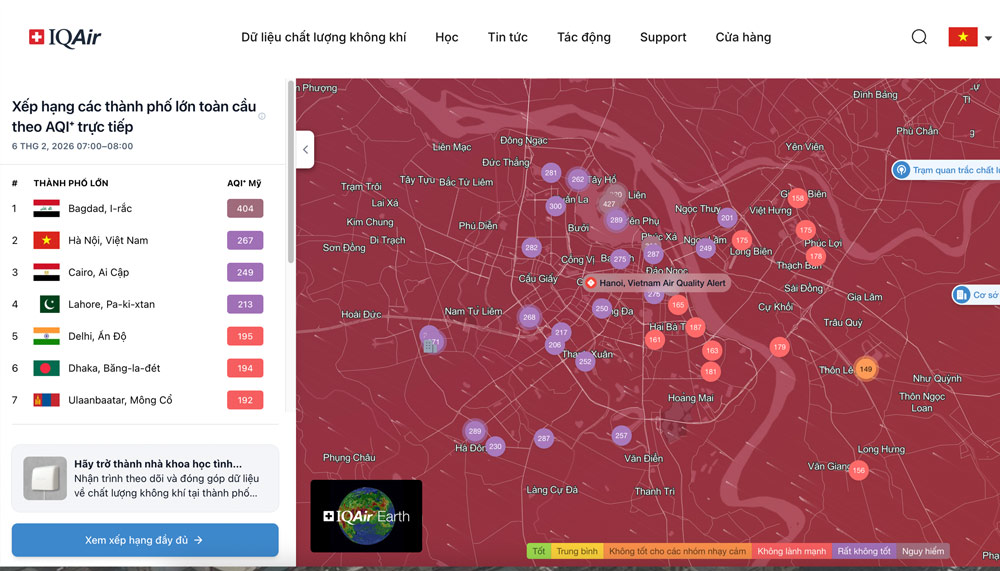 Lúc 7-8h sáng nay, IQAir xếp Hà Nội là thành phố ô nhiễm thứ 2 trên thế giới. Ảnh: IQAir