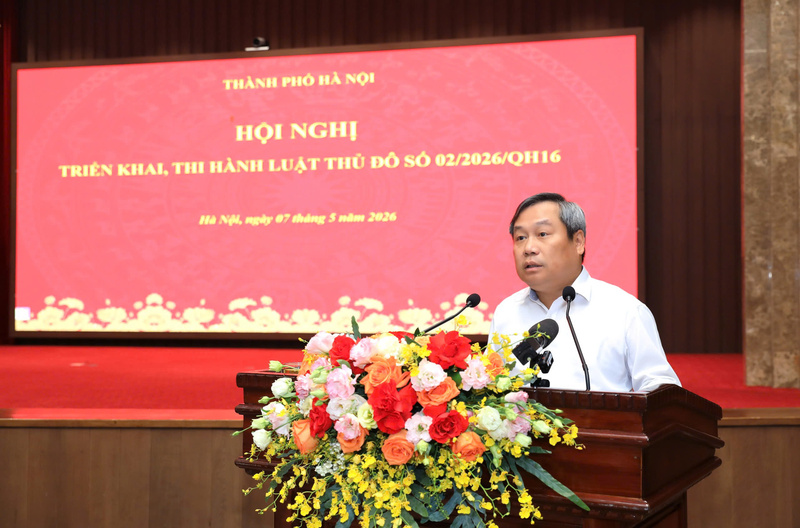 Chủ tịch UBND Thành phố Hà Nội Vũ Đại Thắng phát biểu tại hội nghị. Ảnh: Hoàng Linh