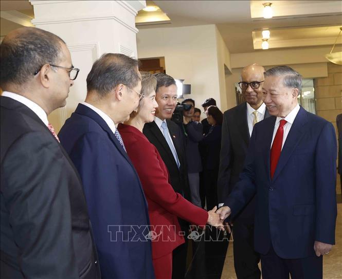 Tổng Bí thư, Chủ tịch nước Tô Lâm với thành viên đoàn đại biểu cấp cao Singapore dự Lễ đón. Ảnh: Thống Nhất/TTXVN