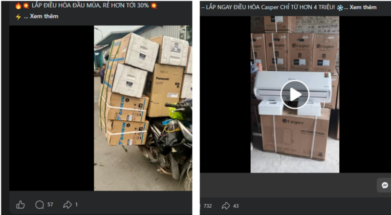 Điều hòa giá rẻ được rao bán tràn lan trên mạng xã hội. Ảnh chụp màn hình.