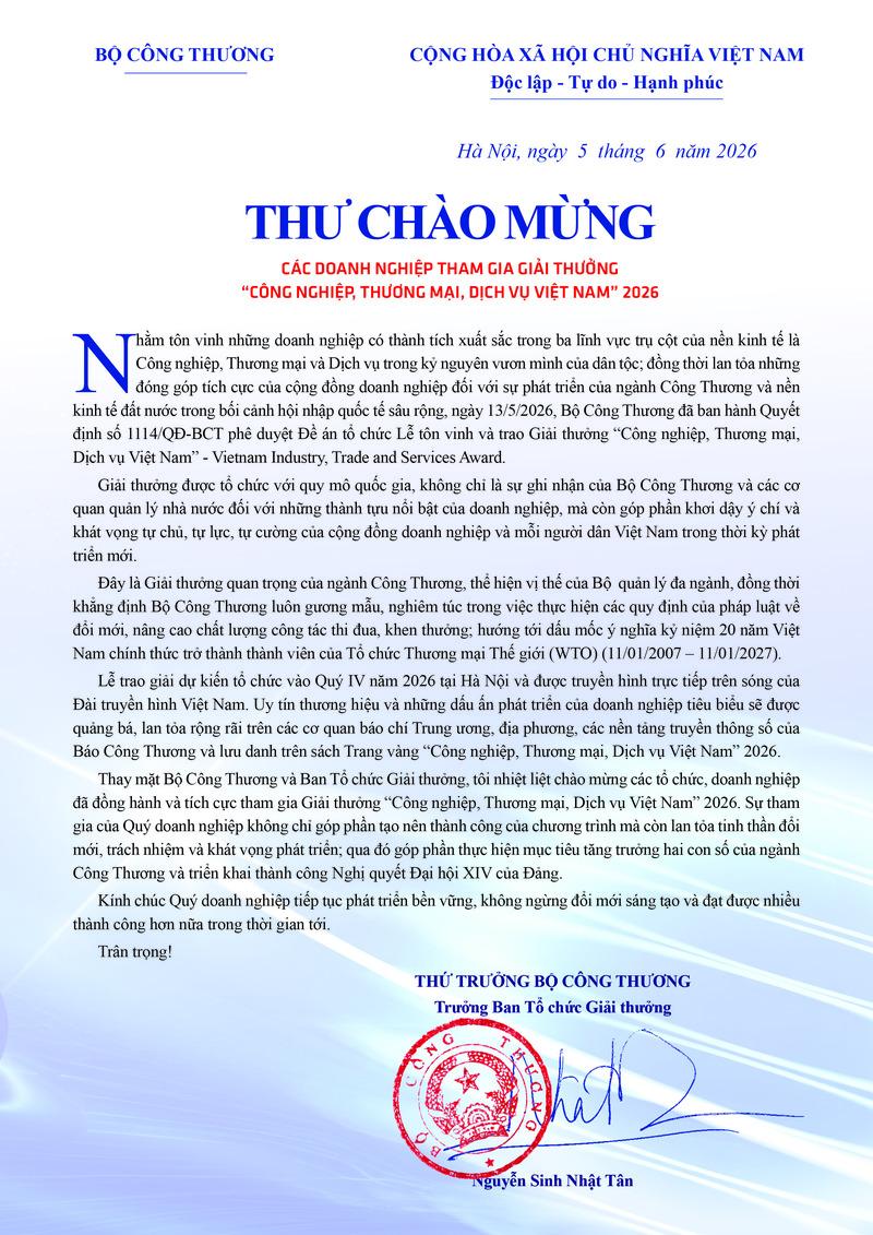 Thứ trưởng Nguyễn Sinh Nhật Tân gửi thư chào mừng doanh nghiệp tham gia Giải thưởng Công nghiệp, Thương mại, Dịch vụ Việt Nam - 1