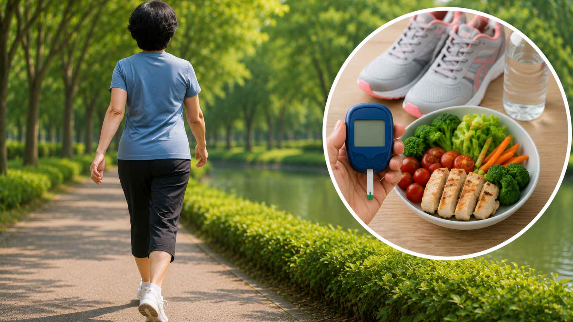 Đi bộ giúp hỗ trợ kiểm soát đường huyết. (Ảnh có sự hỗ trợ của AI)