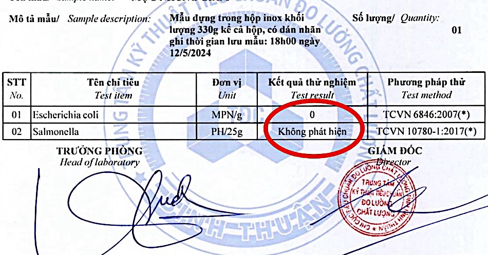 Kết luận kiểm nghiệm các món ăn trong thực đơn. Ảnh: Duy Tuấn